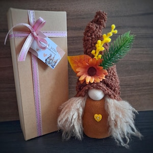 Fall forest earthy brown handmade female gnome with flower. Cute cozy stuffed plush soft girl gnome farmhouse shelf mantel home decor.