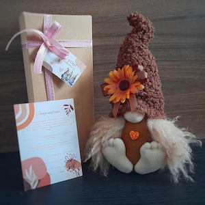Girl Gnome. Fall forest earthy brown handmade female gnome with flower. Cute cozy stuffed plush soft gnome farmhouse shelf mantel home decor