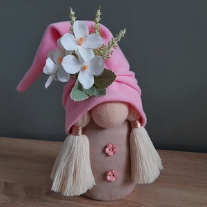 Pink girl gnome with flower handmade. Cute plush soft gnomes doll Birthday gift for mom, women. Farmhouse gnome shelf home decor all seasons