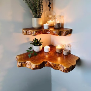 Corner floating wood shelves bookshelf solid wood live edge shelf on wall custom bookcase decor home art