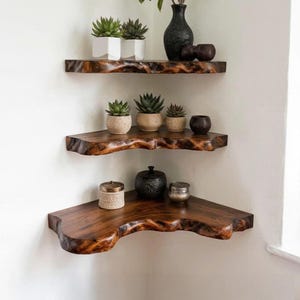 Floating corner bookshelf solid wood wall mount shelving rustic corner shelf live edge sculpture bookshelves decor for living room