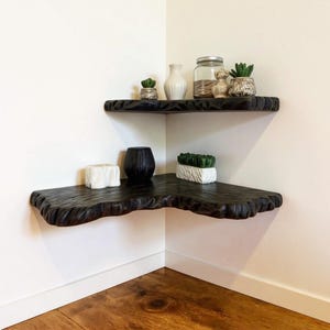 Corner floating shelves dark live edge wood decorative shelf solid rustic wood book shelf wall art home decoration