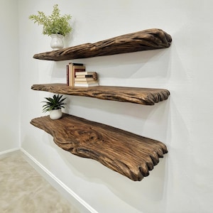 Live edge floating wood shelf bookshelf wall mount driftwood carving art handcrafted bookshelves decoration