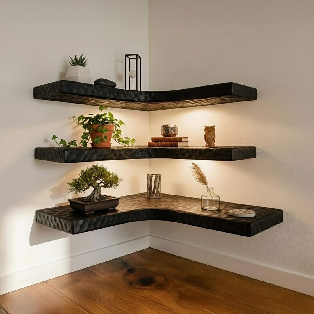Live Edge Corner Floating Shelf Handmade Carving Solid Wood Shelves on ...
