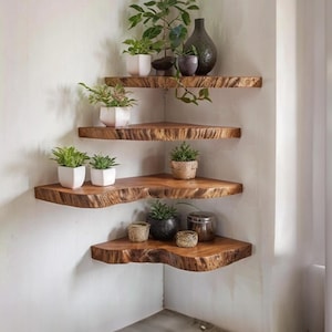 Corner floating wood shelf live edge shelves solid wood bookshelf wall mount custom corner bookshelves rustic home decoration