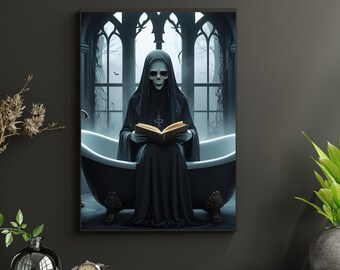 Halloween Gothic Robed Skeleton Reading In A Bathtub Digital Wall Art