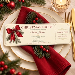 Puede incluir: Un boleto de evento navideño rectangular con fondo crema y texto rojo oscuro. Presenta un lazo rojo y ramas de pino, con el texto CHRISTMAS NIGHT, A Festive Evening to Remember, Inna James, 19 de diciembre de 2026, 18:30, The Willow House, 1847 Evergreen Lane, Greenwich, Connecticut, Dinner, Drinks, Christmas Cheer, ADMIT ONE y Ticket No. 01926.