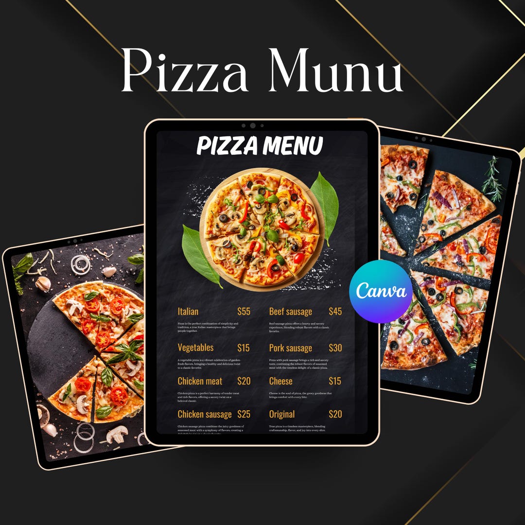 Pizza Menu Template Editable | Digital Pizza Menu Board | Restaurant Menu Canva Template ...