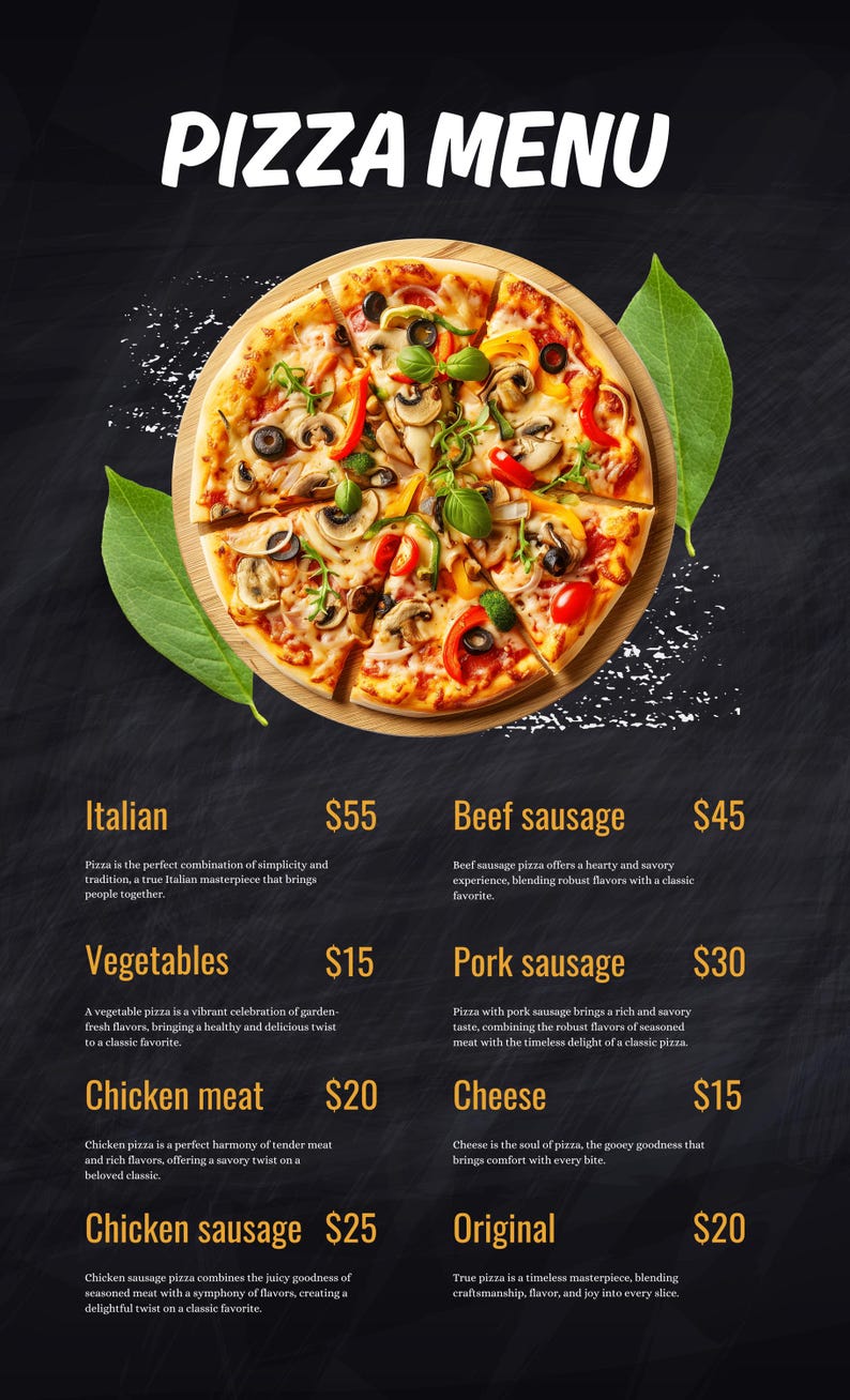 Pizza Menu Template Editable | Digital Pizza Menu Board | Restaurant Menu Canva Template ...