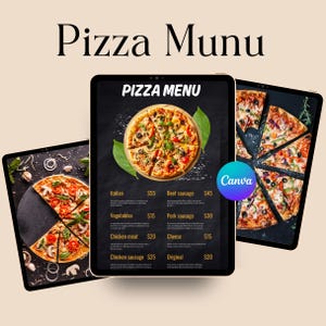 Puede incluir: Tres tabletas muestran un menú de pizza digital. El menú principal presenta una pizza con ingredientes, precios y el texto "Pizza Menu". El texto "Pizza Munu" está en la parte superior. Un logotipo de "Canva" es visible.