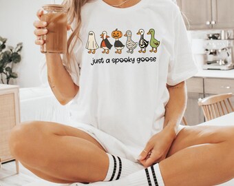 Just a Spooky Goose Shirt, Funny Silly Goose Halloween Shirt, Halloween Girls Shirt, Spooky Season Shirt, Goose Shirt, Ghost Goose T-Shirt