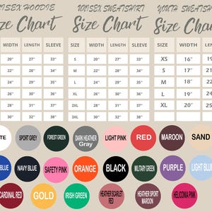 May include: A size chart for unisex hoodies, sweatshirts, and youth sweatshirts. The chart includes measurements for width, length, and sleeve length in inches. A color palette with various options like white, black, and red is also displayed.