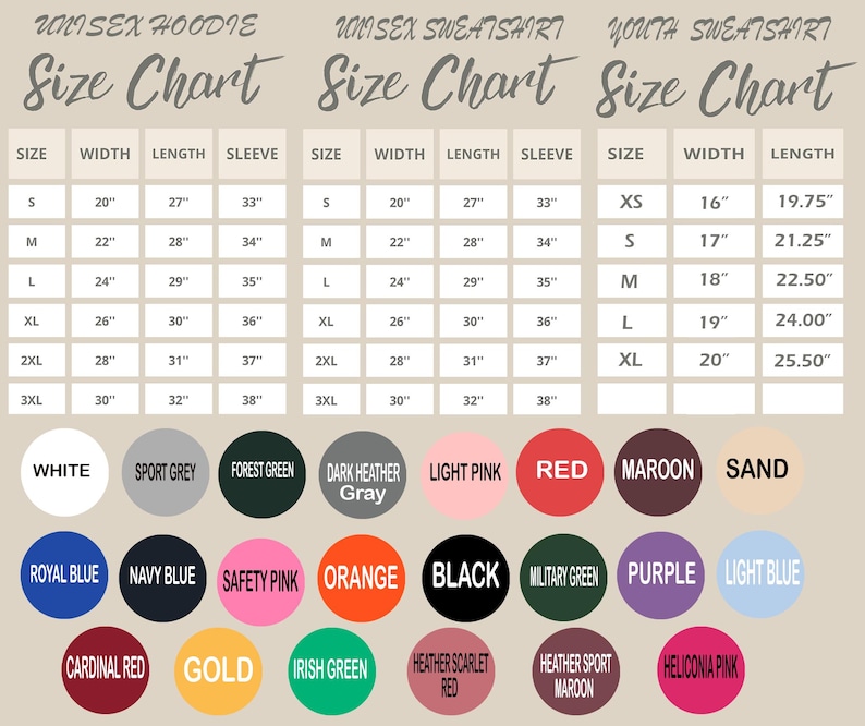 May include: A size chart for unisex hoodies, sweatshirts, and youth sweatshirts. The chart includes measurements for width, length, and sleeve length in inches. A color palette with various options like white, black, and red is also displayed.