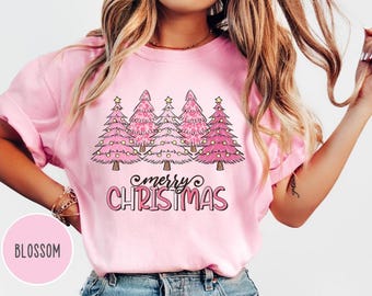 Comfort Color Christmas Pink Tree Shirt, Christmas Shirt, Holiday Shirt, Christmas Tree , Christmas Winter Shirt, Pink Tree Christmas Shirt