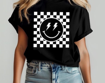 Checkered Retro Smile Face Shirt, Cute Smile Shirt, Smile Shirt, Retro Smiley Face Shirt,Smile Face Shirt, Happy Face Shirt, Checkered Shirt