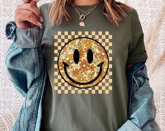 Retro Fall Smile Face Shirt, Trendy Vintage Graphic Sweatshirt, Autumn Floral Smile Face Shirt, Happy Face Tshirt, Graphic Fall Smile Tee