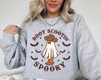 Boot Scootin Spooky Sweatshirt,Halloween Sweatshirt, Western Halloween,Spooky Sweatshirt,Halloween Gift,Spooky Season Shirt,Ghost Sweatshirt