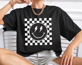 Comfort Colors Checkered Pattern Smile Face Shirt, Retro Smiley Face Shirt, Retro Smiley Face Shirt,  Smile Face Shirt, Happy Face Shirt