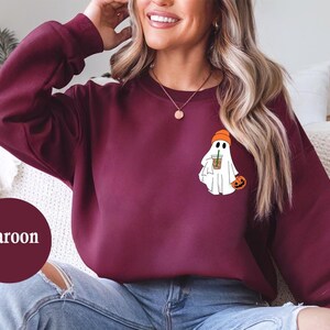 Cute Ghost Drinking Coffee Sweatshirt,Ghost Ice Coffee,Spooky Season,Halloween Party Shirt, Fall Graphic Shirt, Fall Coffee Lover Sweatshirt