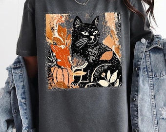Comfort Colors Fall Black Cat Halloween Boho Shirt, Black Cat Mom T-Shirt,  Autumn Vibes Shirt, Boho Floral Fall Shirt, Halloween Cat Shirt