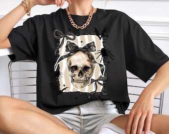 Comfort Colors Halloween Coquette Bow Skull Preppy Shirt, Halloween Fall Shirt,Skeleton Shirt, Retro Halloween Shirt, Halloween Spooky Shirt