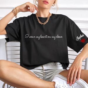 Comfort Colors I Wear My Heart On My Sleeve Shirt,Custom Mama Shirt with Kid Name on Sleeve,Personalized Mom Shirt,New Mom Gift,Gift for mom