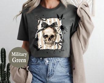 Halloween Coquette Bow Skull Preppy Shirt, Halloween Spooky Sweatshirt, Halloween Fall Shirt,Halloween Skeleton Shirt, Retro Halloween Shirt