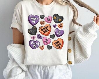 Comfort Colors Candy Hearts Halloween Shirt,Spooky Vibes Shirt, Spooky Candies Shirt,Spooky Shirt,Halloween Shirt,Retro Trick or Treat Shirt