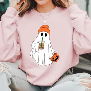 Cute Ghost Drinking Coffee Sweatshirt,Ghost Ice Coffee,Spooky Season,Halloween Party Shirt, Fall Graphic Shirt, Fall Coffee Lover Sweatshirt