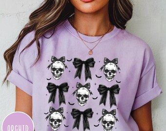 Comfort Colors Halloween Skull Shirt ,Coquette Bow Halloween Shirt, Skeleton Shirt,Halloween Shirt,Halloween Party Shirt,Spooky Season Shirt
