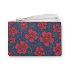 Vibrant Cherry Blossom Floral Clutch Bag, Boho Chic Purse, Makeup Organizer, Gift for Her, Summer Festival Accessory