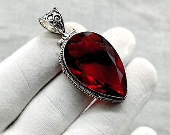 Red Garnet Gemstone Pendant Red Garnet Handmade 925 Sterling Silver Jewelry Pendant Red Garnet Antique Silver Jewelry For Christmas Gifts