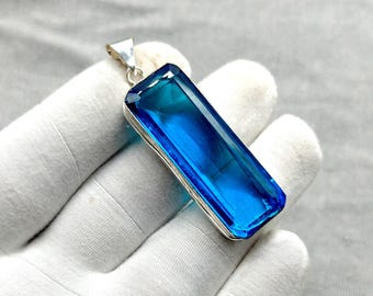 Long Swiss Blue Topaz Gemstone Silver Antique Pendant, 925 Sterling Silver Jewelry Pendant, Topaz Silver Jewelry, Pendant For Her, For Gifts
