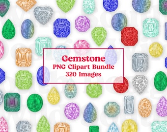 May include: A collection of various gemstone shapes and colors, including emerald green, sapphire blue, and ruby red. The image features a variety of cuts, such as pear, oval, and square. Text reads "Gemstone PNG Clipart Bundle 320 Images."