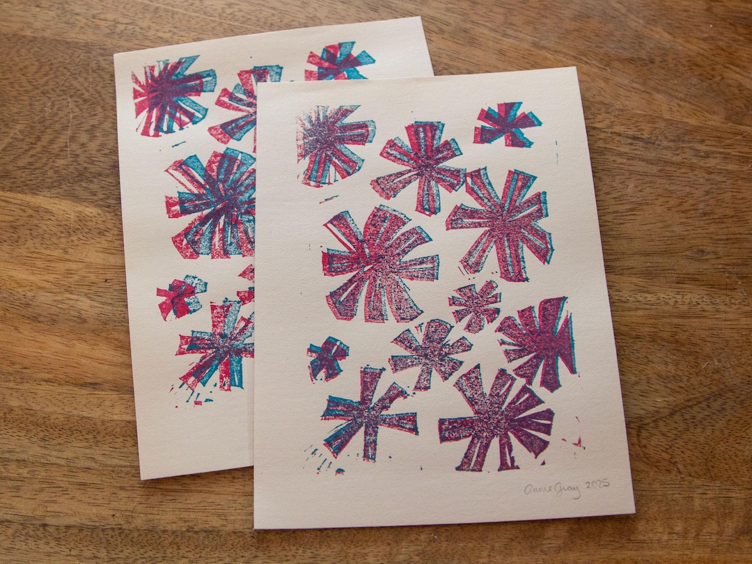 Two Color Linocut Floral Linocut Block Print, Handmade Block Print Art, Two Tone Linocut ...