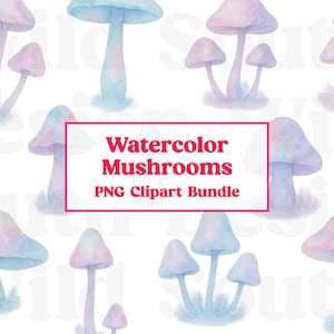 Watercolor Mushrooms Clipart - Cute Pastel Nature Clipart, PNG format, Instant Download Clipart, Color Mushroom Illustrations, Cottagecore