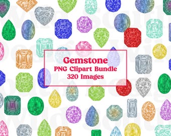 May include: A collection of various colorful gemstone illustrations in different shapes and cuts. The image includes a variety of colors, including green, blue, pink, yellow, and red. Text in the image reads "Gemstone PNG Clipart Bundle 320 Images."