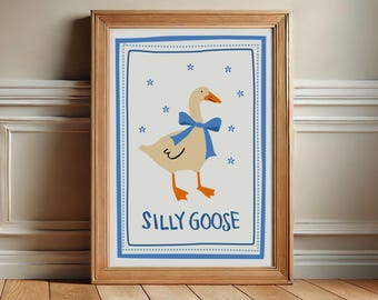 Silly Goose Wall Art Print, Multiple Goose Outfits, Trendy Wall Art, Cute Apartment Decor, Retro Wall Art, Nursery Art, French Goose