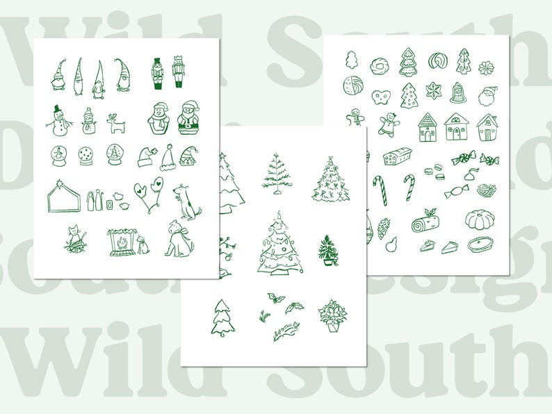 Pode incluir: Tr&ecirc;s folhas de papel com desenhos em preto e branco de ilustra&ccedil;&otilde;es com tema natalino. As ilustra&ccedil;&otilde;es incluem um boneco de neve, uma rena, um quebra-nozes, uma &aacute;rvore de Natal, uma casa de gengibre, bengalas de doces e uma ab&oacute;bora.