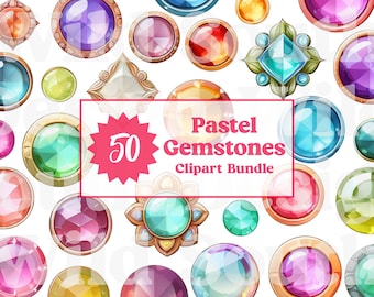 Può includere: Un set di 50 immagini clipart di pietre preziose color pastello. Le pietre preziose sono di varie forme e dimensioni e sono circondate da uno sfondo bianco. Il testo "Pastel Gemstones Clipart Bundle" è visualizzato al centro dell'immagine.