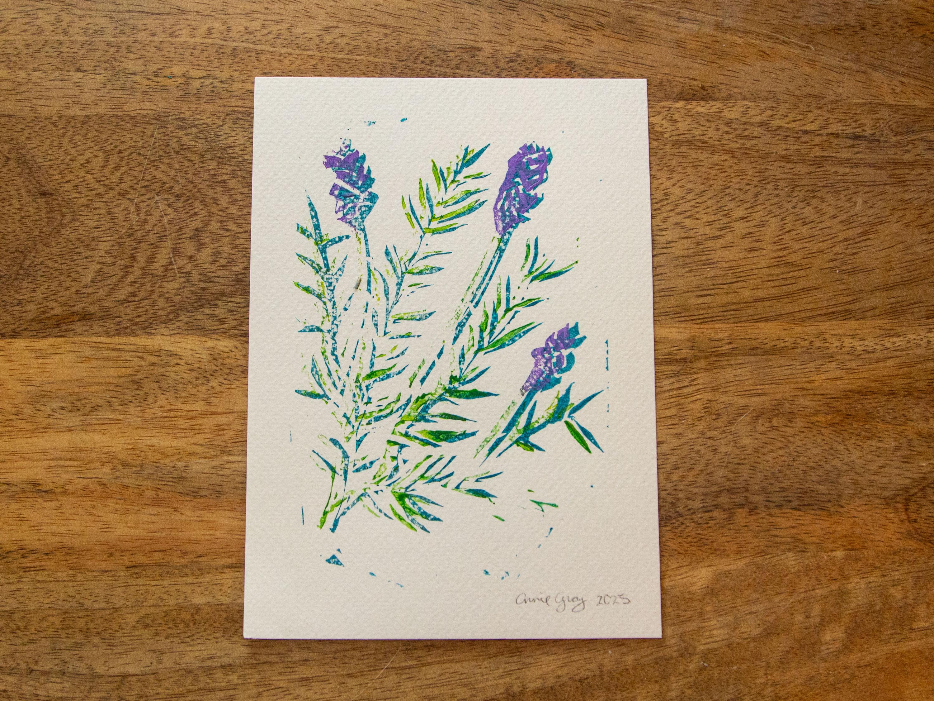 Art Print, Block Print | Lavender signed art print, original linocut, woodcut art, block printing, botanical linocut, 5x7”