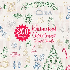 Pode incluir: Uma cole&ccedil;&atilde;o de 200 imagens de clipart de Natal caprichosas. As imagens s&atilde;o desenhadas &agrave; m&atilde;o e apresentam uma variedade de elementos festivos, incluindo uma &aacute;rvore de Natal, presentes, bengalas de doces, flocos de neve e um boneco de neve.