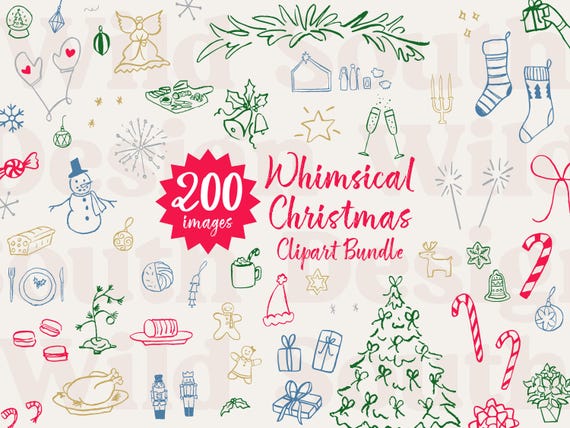 Whimsical Christmas Clipart Bundle, Hand Drawn Holiday Doodles, 203 SVG Vector and PNG Images