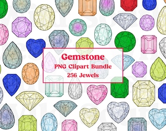 May include: A collection of 256 gemstone clip art images in various shapes and colors, including pink, blue, green, and yellow. The image includes the text "Gemstone PNG Clipart Bundle".