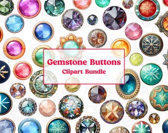 Gemstone Buttons Clipart Bundle - 150+ Premium Digital PNG Jewel Stickers, Colorful Watercolor Gem PNG Illustrations, Junk Journal Scrapbook