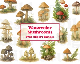 Watercolor Mushroom Clipart: Forest Nature PNG Illustrations (Digital Download)