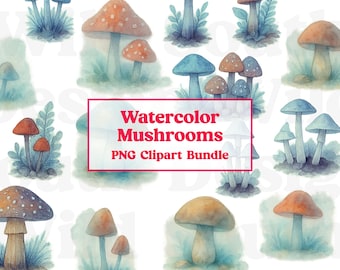 Watercolor Mushroom Clipart: Forest Nature PNG Illustrations (Digital Download)