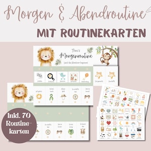 May include: A set of children's routine cards with the text "Morgen & Abendroutine" and "MIT ROUTINEKARTEN". The cards feature illustrations of a lion and a monkey, with various icons representing daily activities. The set includes 70 routine cards.