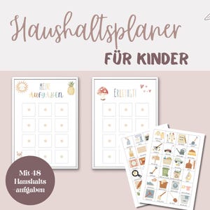 Op de afbeelding: Een set kinderklusjeskaarten met een zacht kleurenpalet. De kaarten bevatten illustraties van een zon, ananas en paddenstoel. De set bevat een vel met klusjesiconen. Tekst op de kaarten luidt "Meine Aufgaben" en "Erledigt!"