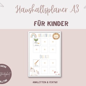 Könnte beinhalten: Ein A3-großer Aufgabenplan für Kinder mit weißem Rahmen und hellrosa Hintergrund. Die Tafel enthält Illustrationen eines Regenbogens, eines Löwen und eines Einhorns. Der Text enthält "Aufgabenplan" und "Erledigt!" zur Förderung von Selbstständigkeit und Lernen.